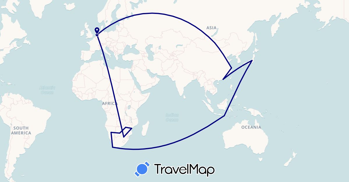 TravelMap itinerary: driving in Botswana, China, Indonesia, Japan, Mongolia, Mozambique, Namibia, Netherlands, South Africa, Zimbabwe (Africa, Asia, Europe)